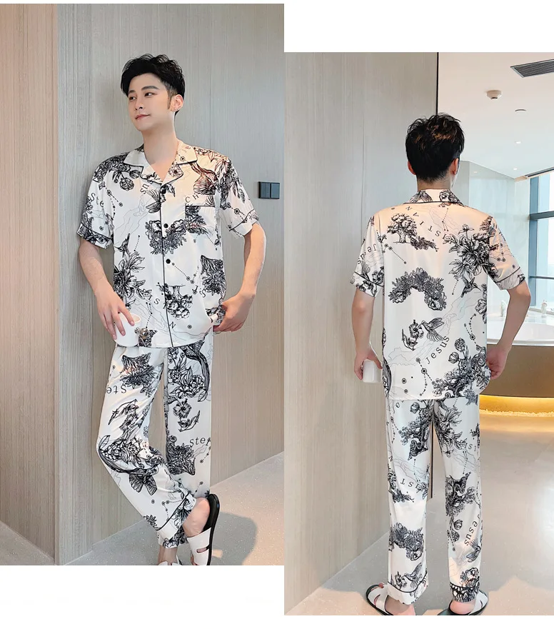 

2021 Summer Ice Silk Couple Pajamas Women Korean Short-sleeve Trousers Set Men's Cardigan Ink Flower Printed Home Pijama Verano