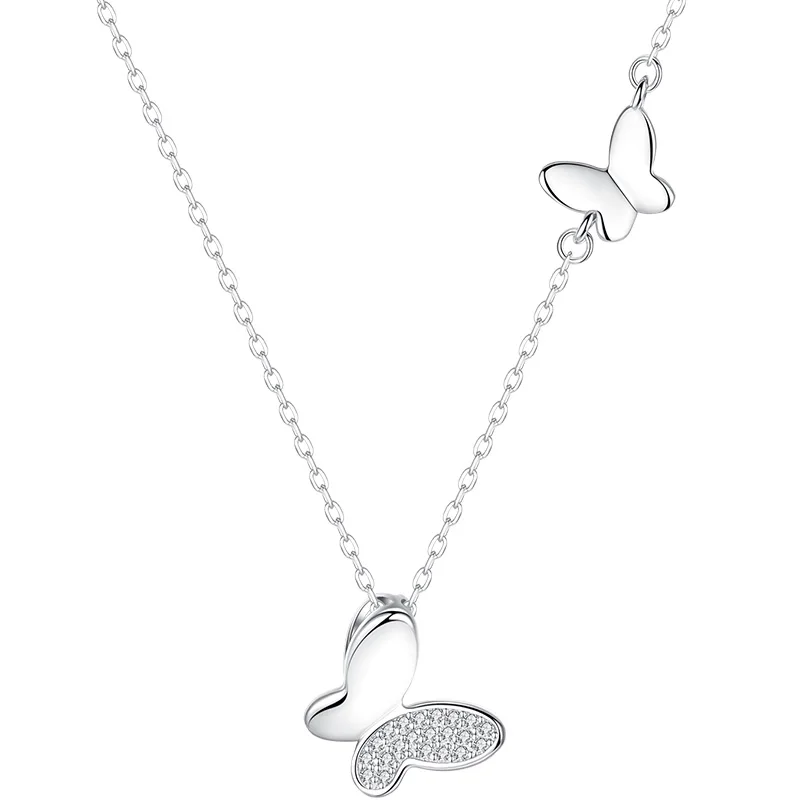 

Big Small Two Butterfly Cubic Zirconia 925 Sterling Silver Clavicle Chain Necklace For Women Ladies Korean Dainty Jewelry