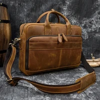 men business briefcase crazy horse genuine leather shoulder portfolio laptop bag fashion document bag cow leather office handbag