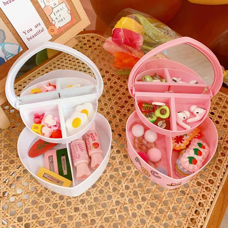 

2-Layer Heart Shaped Storage Box Jewelry Organizer Box With Mirror Hairbands Clips Storage Box Girls New Year Gifts Supplies