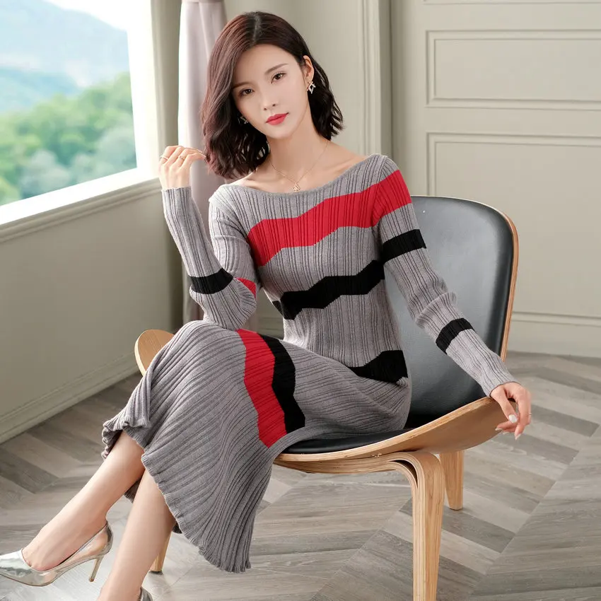 

One Piece Kniywear Off Neckline Design Woollen Dresses Women Autumn Curvy Fishtail Knit Dress Black White Gray Diagonal Striped