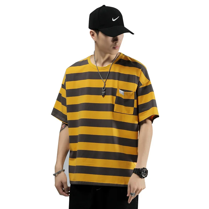 

12008 Men Striped T-Shirts New Popular Ins Retro Breathable Contrast Color Couple Loose Streetwear Pocket Cotton Pullover Tees