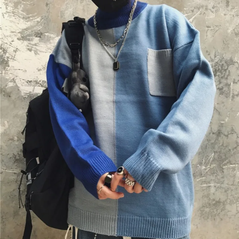 Winter Turtleneck Sweater Men's Warm Fashion Contrast Casual Knit Pullover Men Streetwear Hip Hop Knitting Sweaters Male Clothes