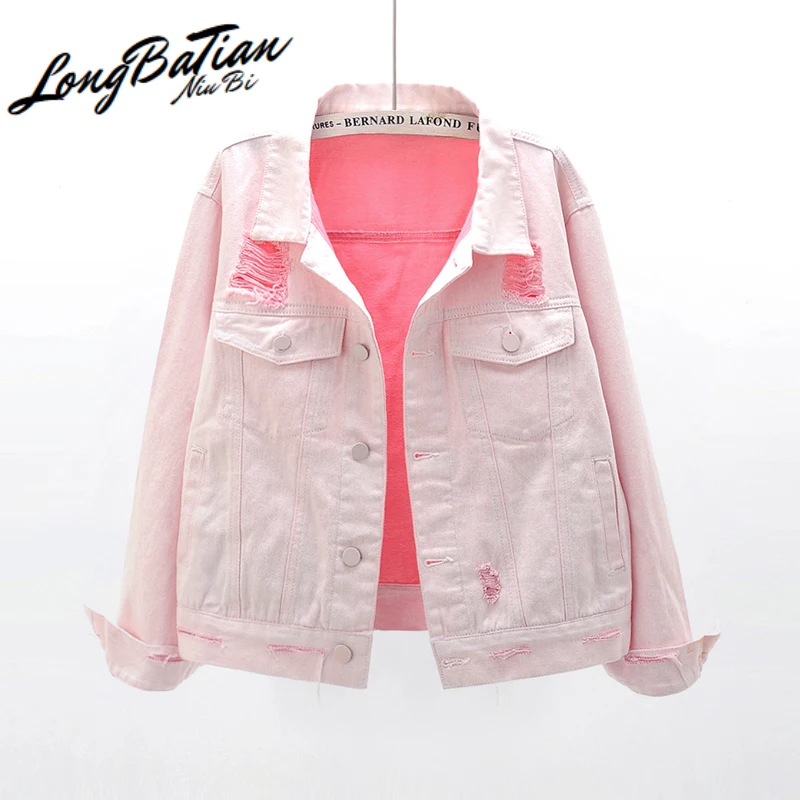 

Куртка женская джинсовая однотонная, модная приталенная короткая джинсовая куртка с потертостями и дырками, в корейском стиле, большой раз...