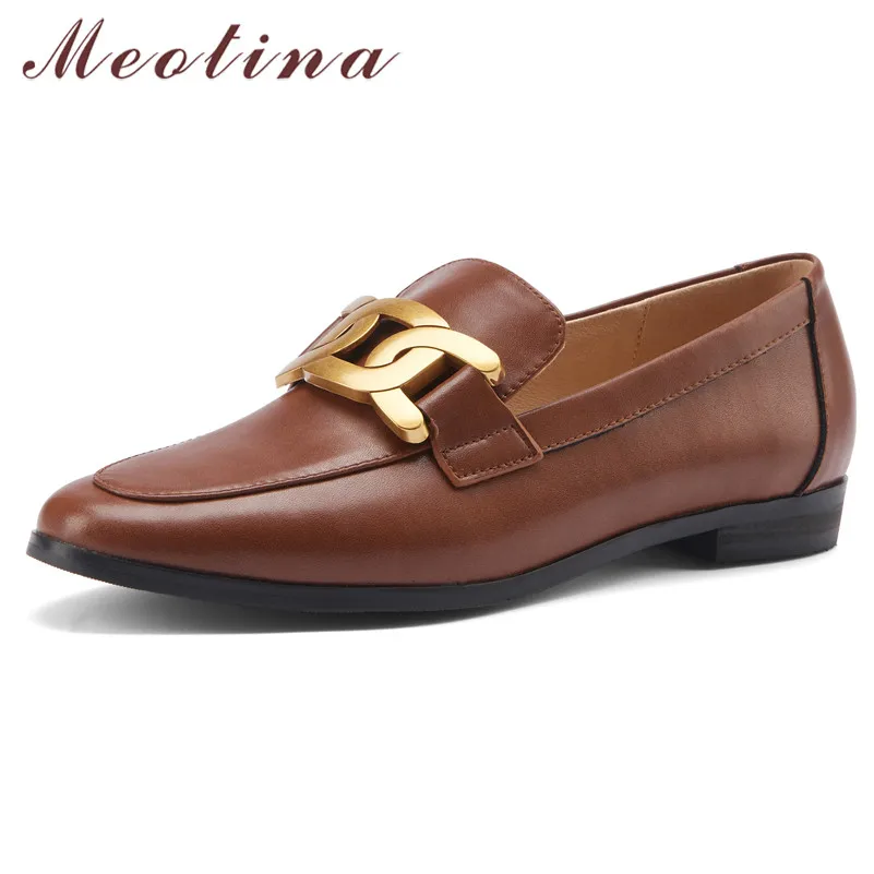 

Meotina Flats Loafers Shoes Women Natural Genuine Leather Flat Shoes Metal Decoration Round Toe Shoes Slip On Casual Footwear