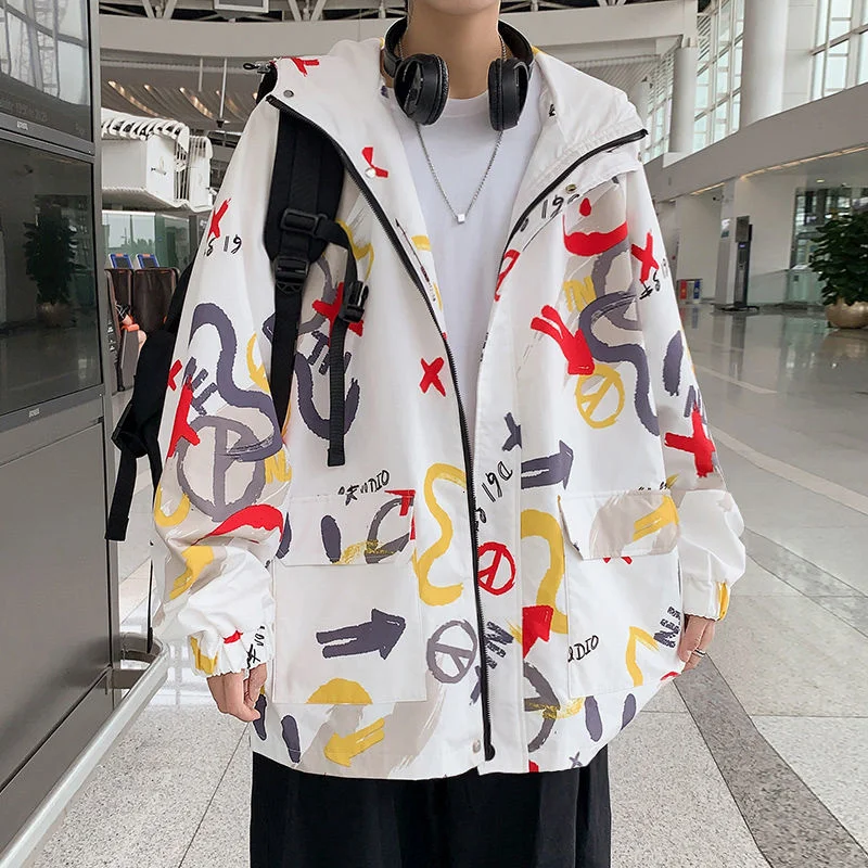

2021 autumn new Decor hooded jacket men's large loose work casual coat Animal print Japanese thin white streetwear Free shipping