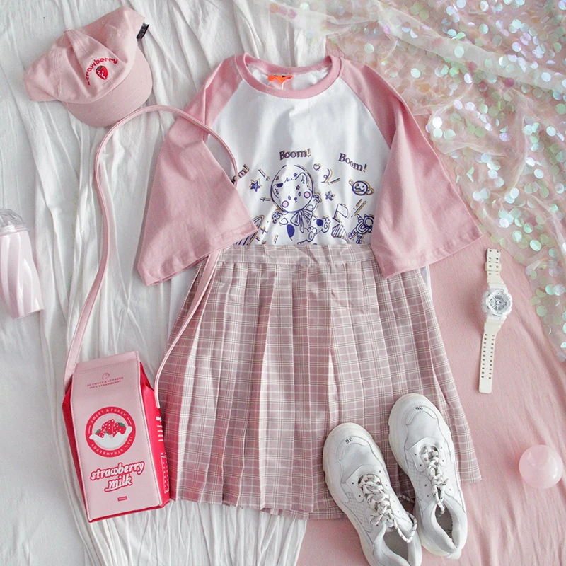 

Women Splice Short sleeve Small fresh Soft sister White T-shirt Student 2020 new Summer Girls Cute Cartoon print pullover Tops