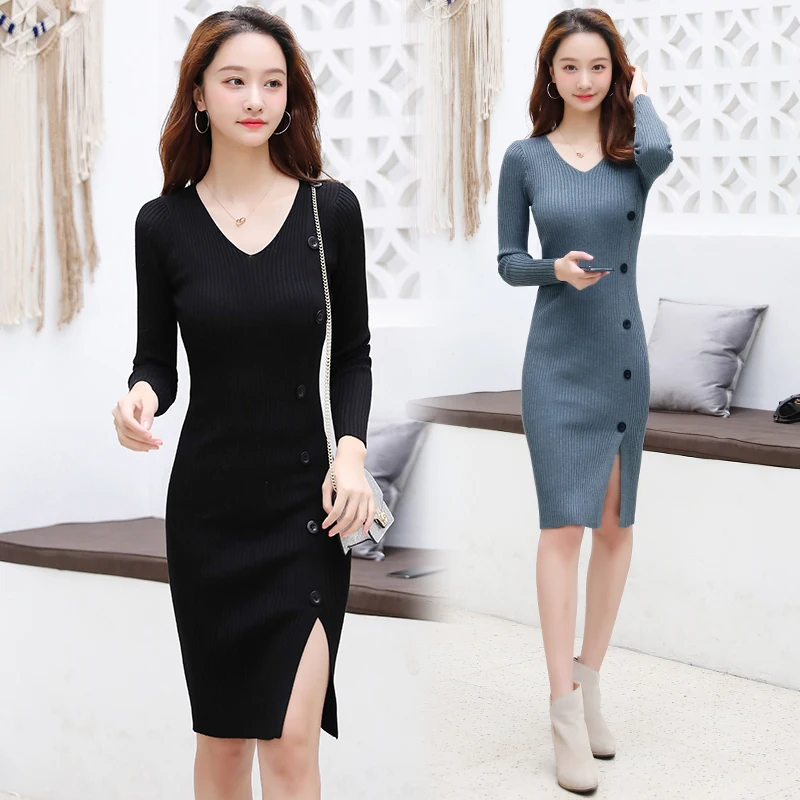 

Real shot 2020 New style in autumn and winter V-neck split style wool dress knee length Knit dress