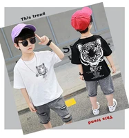 childrens 2021 summer new boy short sleeved western style korean tiger print t shirt ripped jeans kids two piece suit