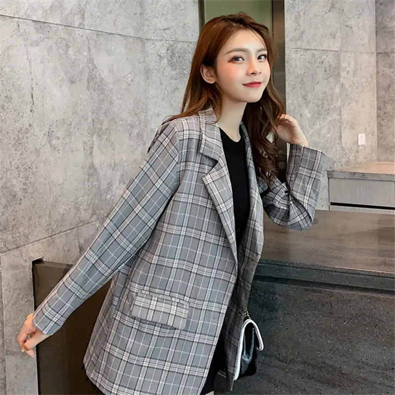 Женские блейзеры в клетку 2019 серый хаки топы костюм куртка и юбка одежда с