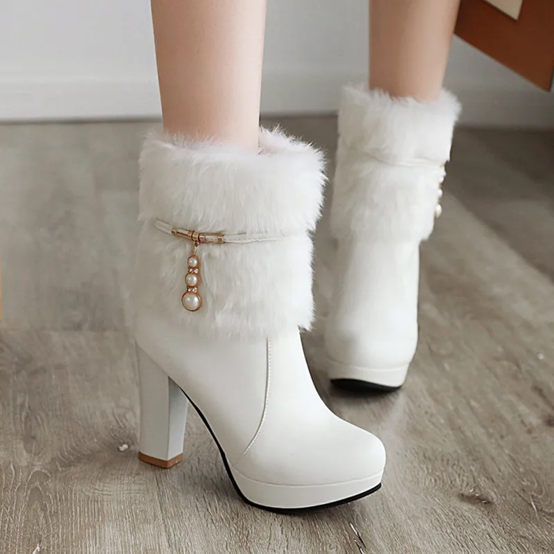 YMECHIC Fashion 2019 High Heel Faux Fur Boots Platform Female Shoes Pink Black White Party Bead Wedding Winter Ankle Boot | Обувь