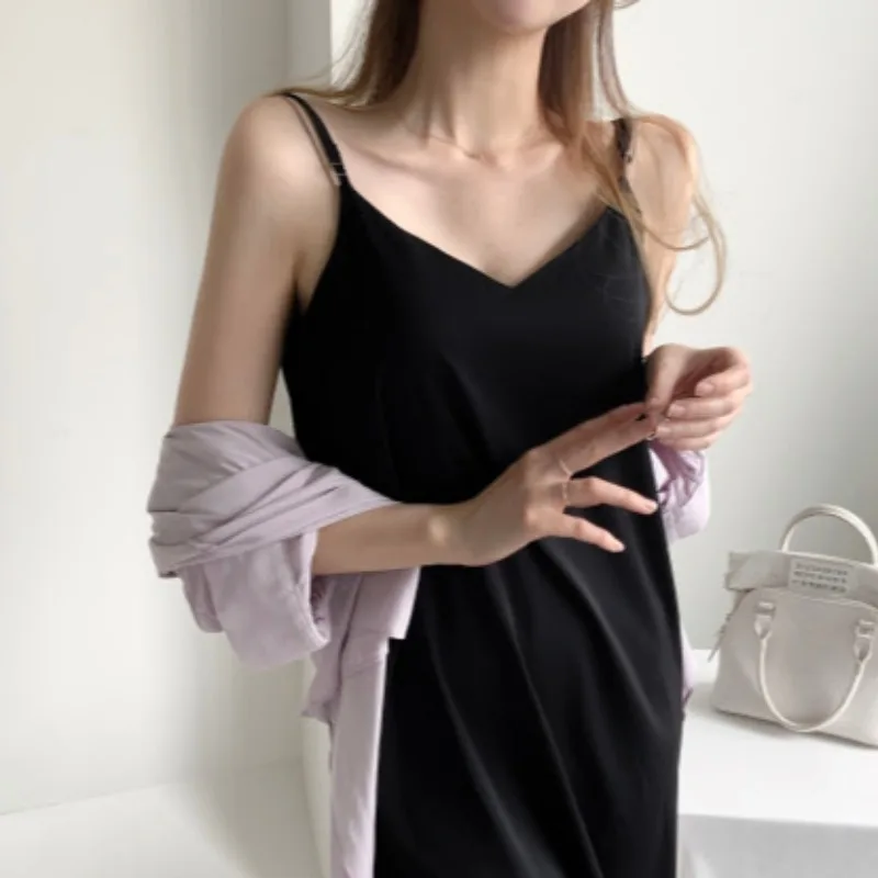 

Korean Chic Summer Retro Cold Style French Style Inner Wear Elegant Split Long Strap Chiffon Dress for Women