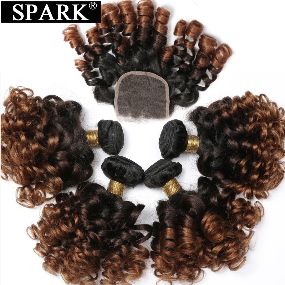 SPARK Human Hair Ombre Loose Bouncy Curly Bundles With Closure Brazilian Hair Weave Bundles With Closure Human Hair Extensions