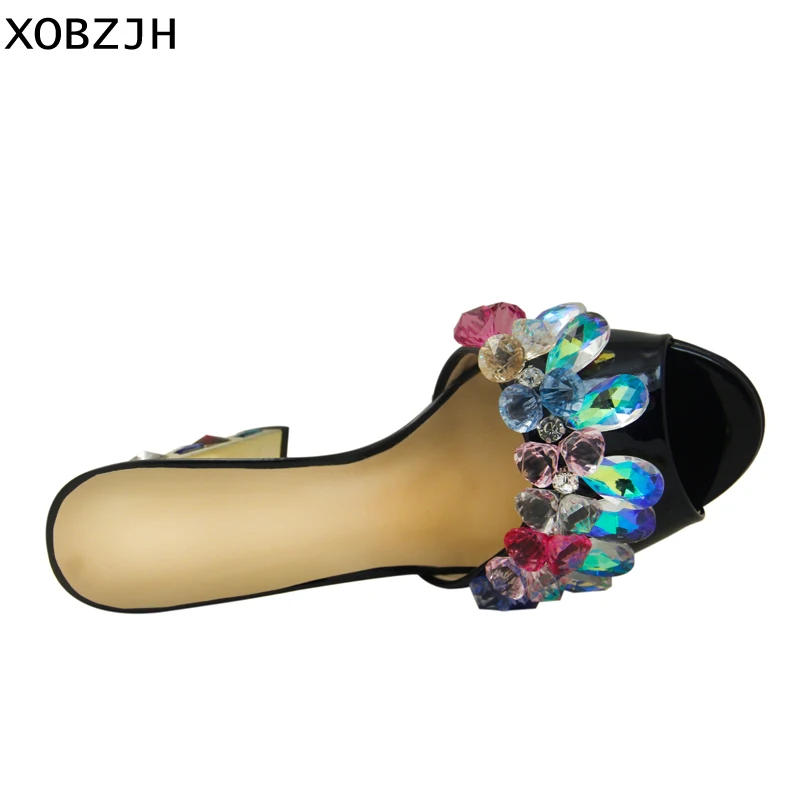 Роскошные босоножки женская обувь 2019 кожи черного цвета с украшением в виде