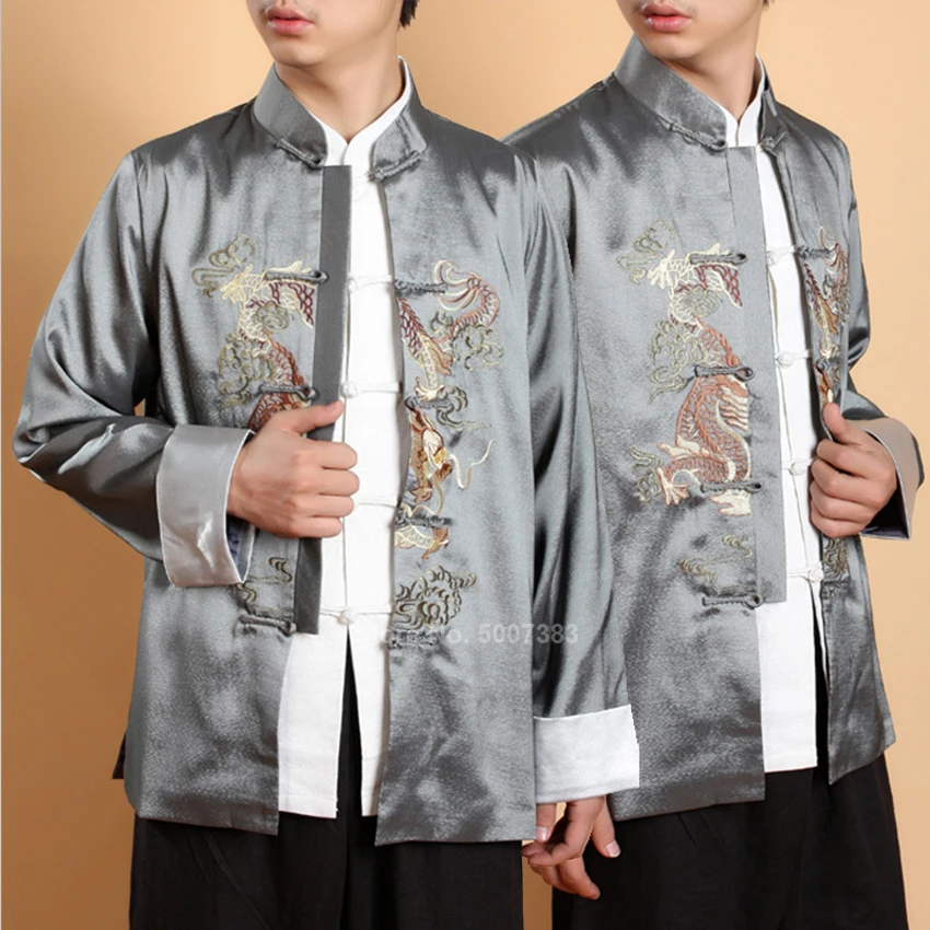 

Men Traditional Chinese Style Clothing Embroidery Dragon Tangsuit Vintage Kung Fu Jacket Tops Male Long Sleeve Garments Retro