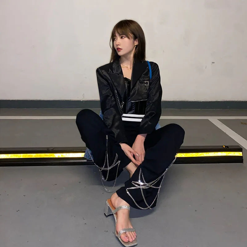 

High Quality Autumn Women Chain Leg Trousers Wide-leg Pants, Female Heavy-duty Pockets All-match Black Casual Long-leg Pants