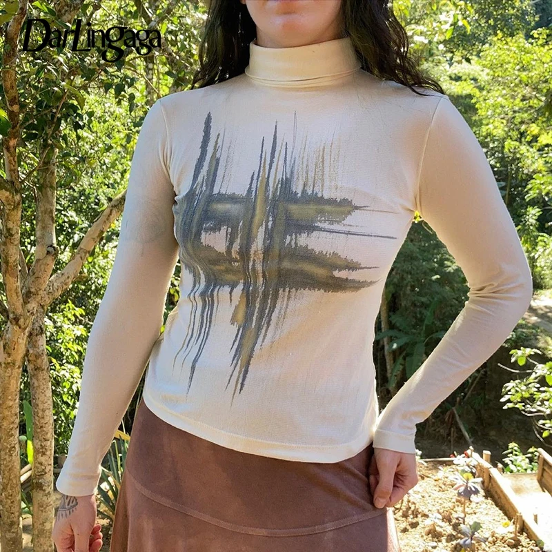 

Darlingaga Harajuku Graffiti Print Turtleneck Long Sleeve Women's T-shirts Casual Spring Basic Aesthetic Top Tee Y2K Chic Shirts