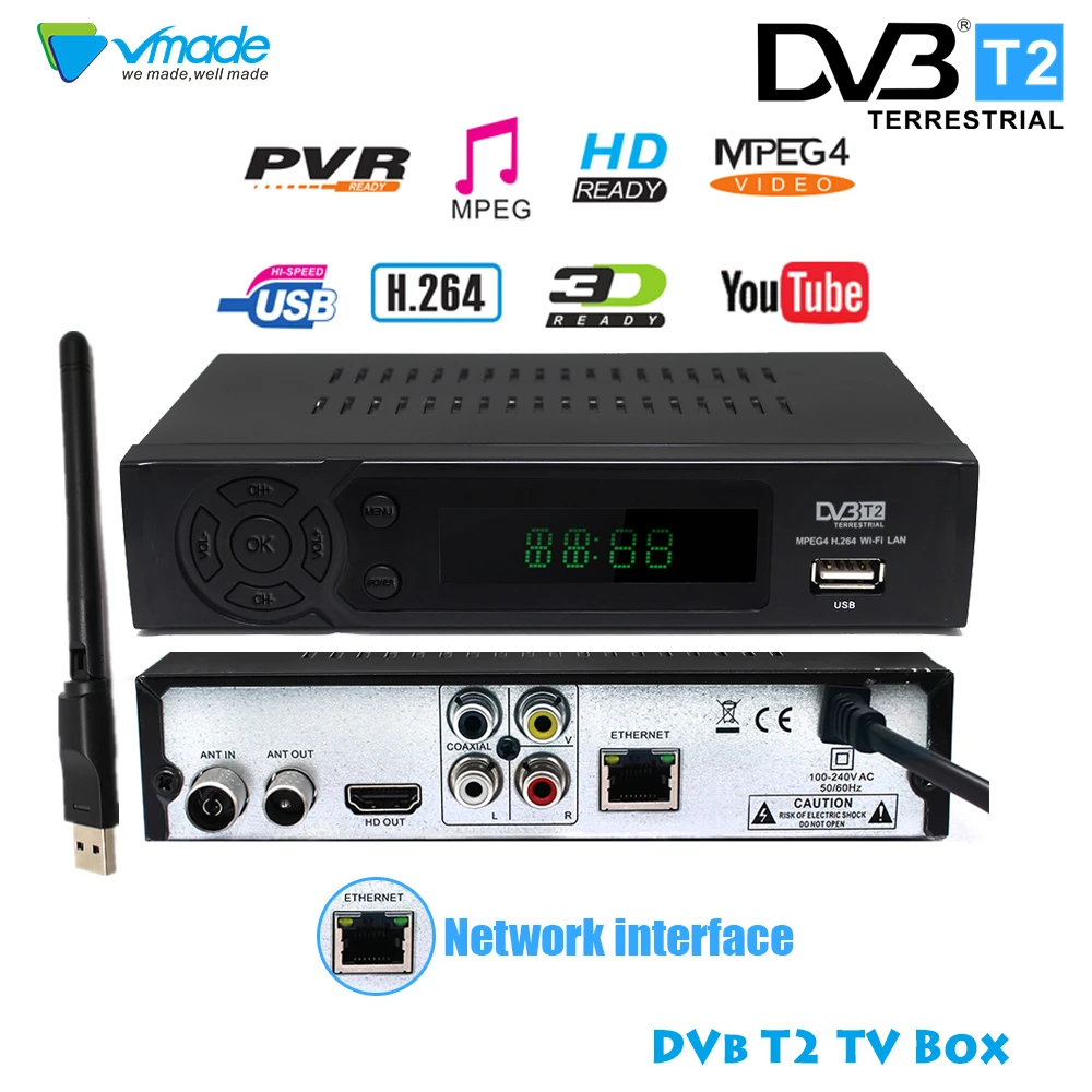 

DVB T2 HD 1080P terrestrial receiver DVB T2 decoder h.264 support youtube usb wifi tv tuner DVB T receptor with RJ45 set top box