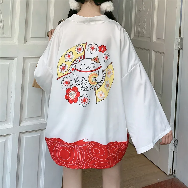 Черный белый Lucky Cat свободный женский кардиган Harajuku японское кимоно модные