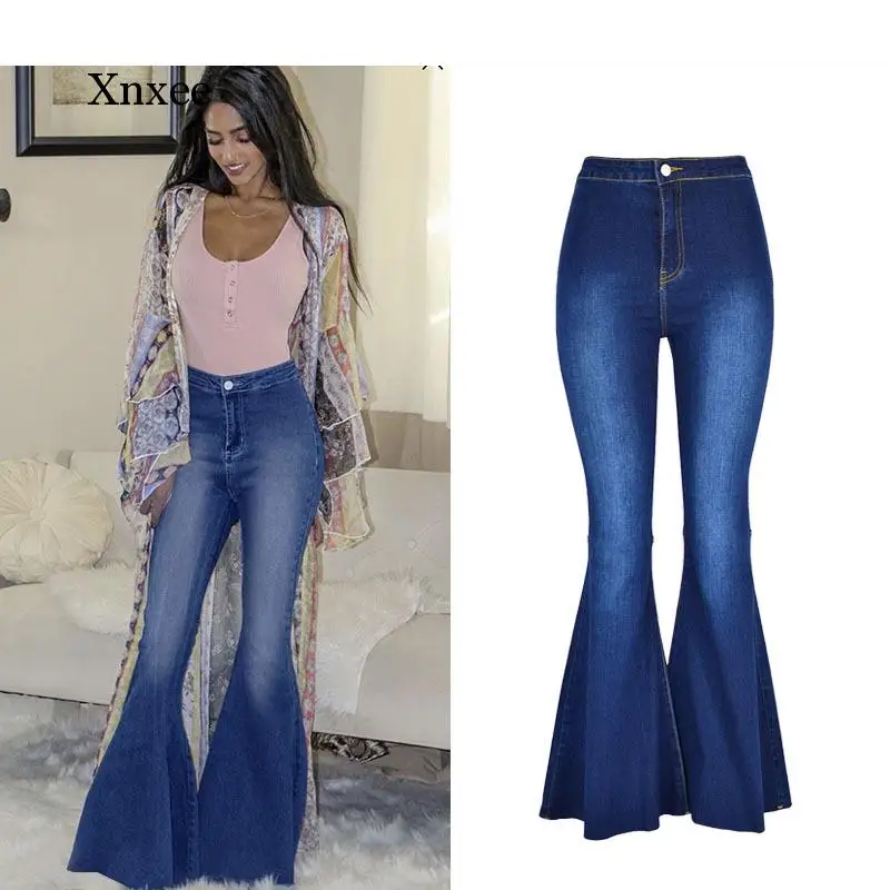 High Waist Wash Flare Jeans For Women Wide Leg Pants Plus Size Mom Jeans Bell Bottom Denim Skinny Jeans Woman mom punk sexy plus bleach wash rips detail jeans