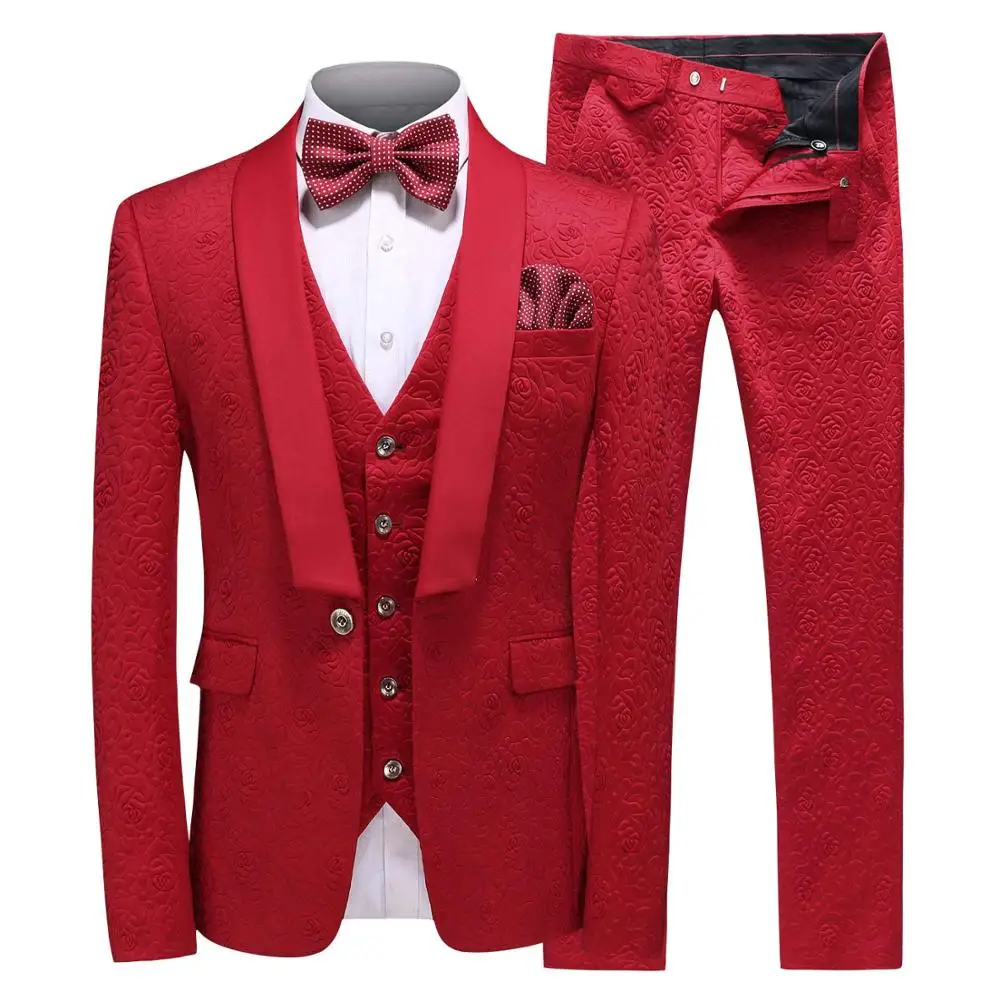 3 Pieces Men's Red Suit Casual Floral Blazer Prom Purple Tuxedos Tweed Shawl Lapel Dinner Party White Jacket Wedding Grooms.