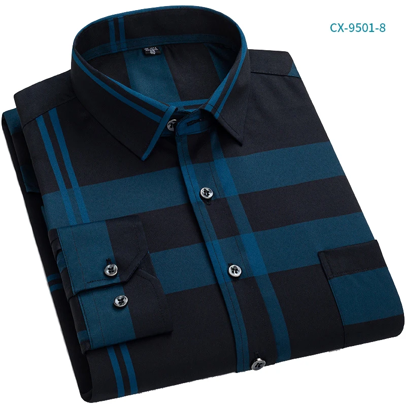 Mens Long Sleeve Shirts Fashion Print Single Pocket Regular Fit Business Shirt Turn Down Collar Plaid Non-iron Casual Shirts