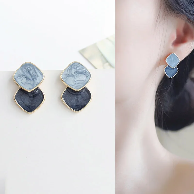 

Korean Style Oil Drop Small Blue Sqaure Ear Clip Earrings Metal Geometric Clip on Earrings Non Pierced for Girl Women Party