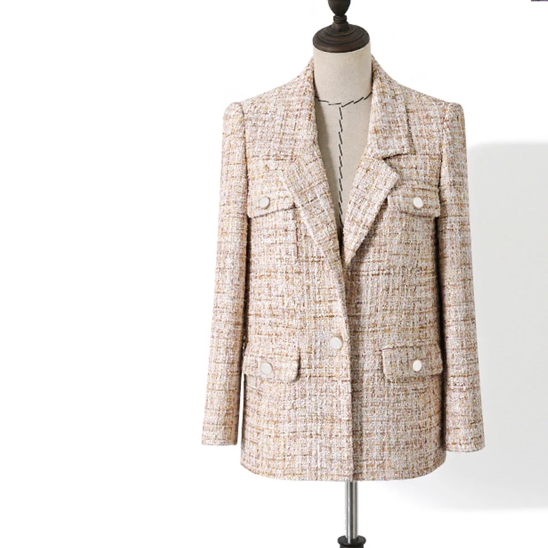 

Tweed jacket apricot Sequins flash fabric autumn / winter women's jacket long sleeve Business ladies one piece jacket coat