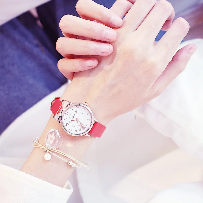 Розовый милый кот женские часы минималистичные японские Мультяшные кварцевые