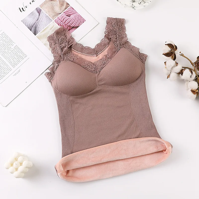 

Lace V neck Women's Thickening Plus Velvet Thermal Underwear Autumn Clothes Wear Camisole Sexy Bottoming Shirt Winter All-match