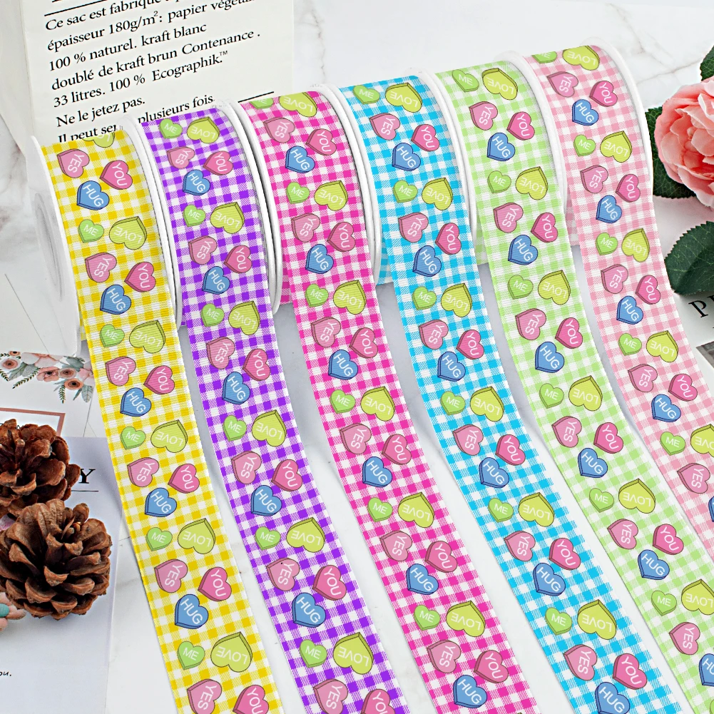 Ful Hearts Happy Valentines Day Pattern Printed Grosgrain Ribbons Satin For Hair Bows Diy Handmade Materials