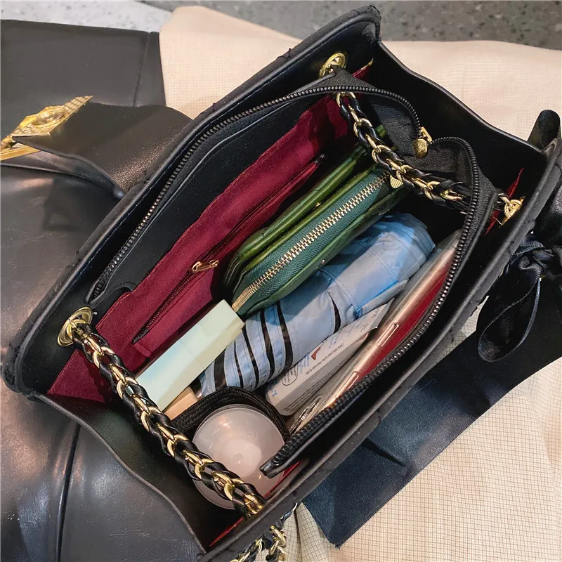 

Elegant White Diamond Lattice Women's Shoulder Bag Solid Pu Leather Handbags Scarves Bow Messenger Bag Chain Ladies Satchels Bag