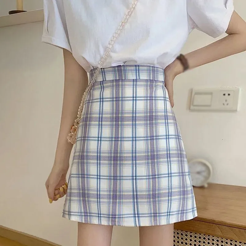 

Sweet Summer High Waist Slimming Plaid Skirts Women Cozy Short Cute Female Skirt Soft Kawaii Faldas Femme 2021 Jupe Large Size