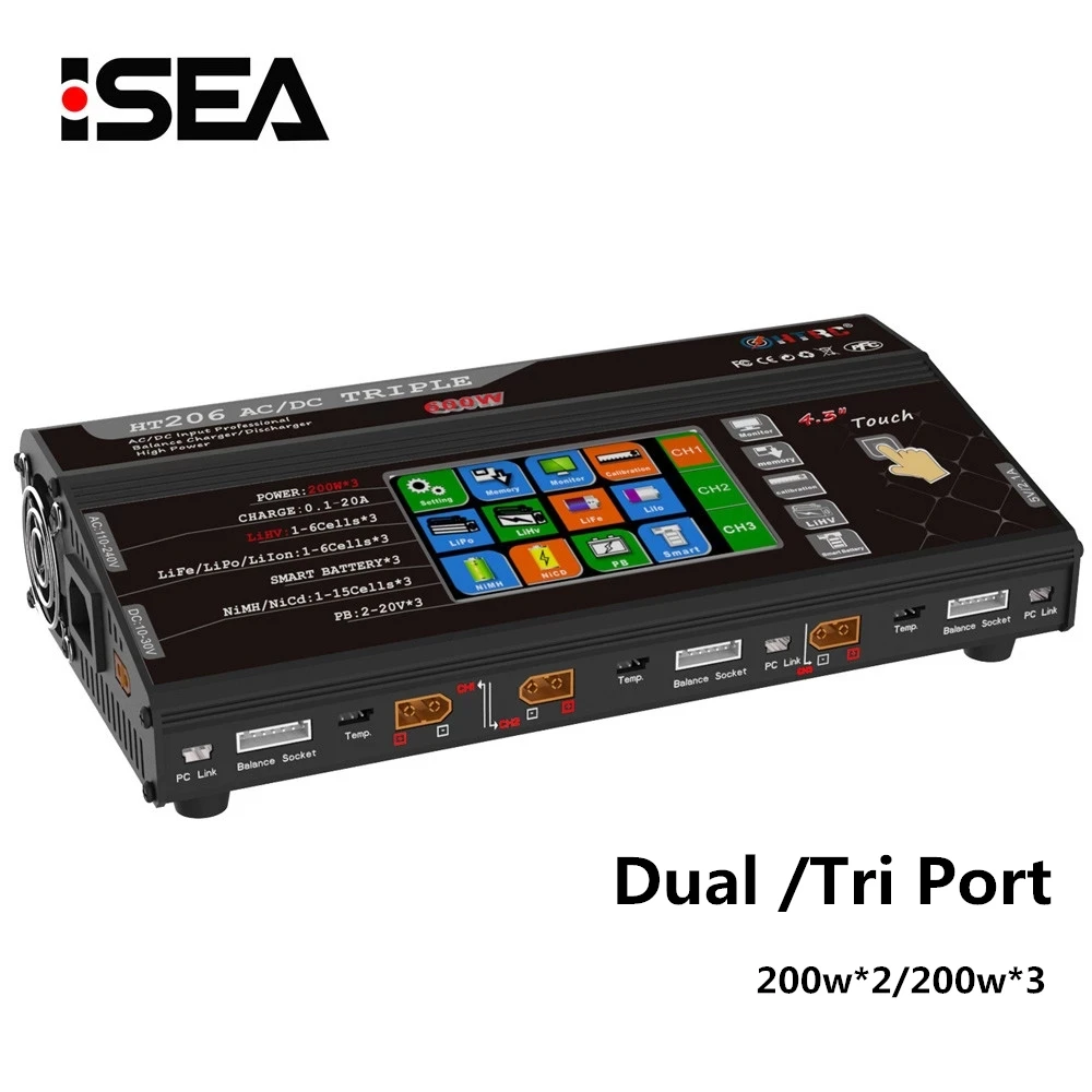 HTRC RC Lipo балансирующее зарядное устройство HT206 двойной/три порта AC DC ЖК дисплей