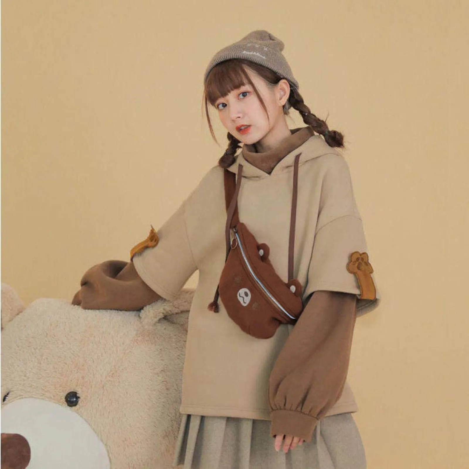 

TELOTUNY Autumn Winter Woman's Brown Bear Hoodies Cute Long Sleeve Sweatshirt Loose Stitching Personality Hooded Pullover