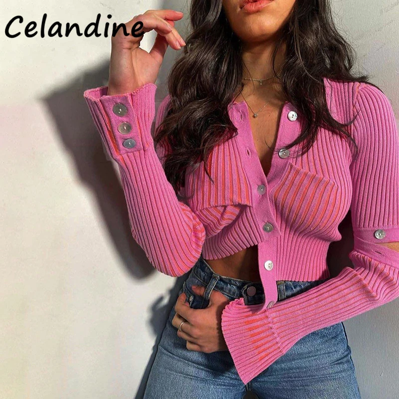 

Celandine Winter Casual 2021 Patchwrok Long Sleeve V Neck Knitted Cardigans Women Knitwear Skinny Y2K Basic Sweater T Shirt Tops