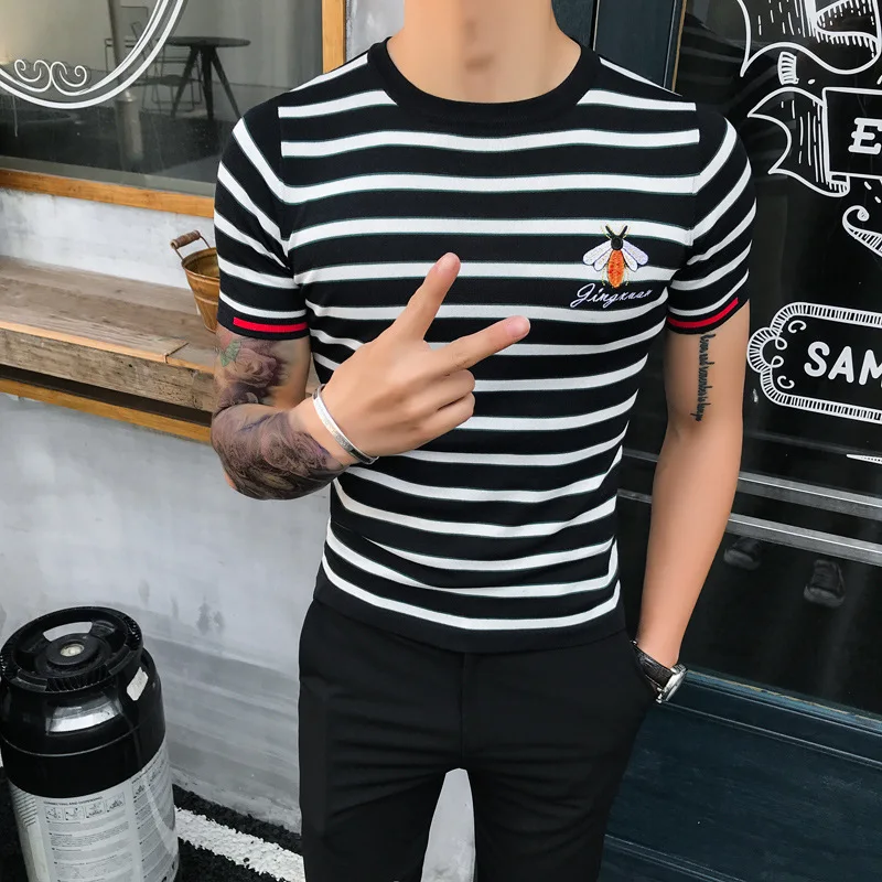 

Stripe Embroidery New Short Sleeve T-shirt Men Streetwear slim fit T Shirt Club Party Cotton Casual Tops Camiseta Masculina