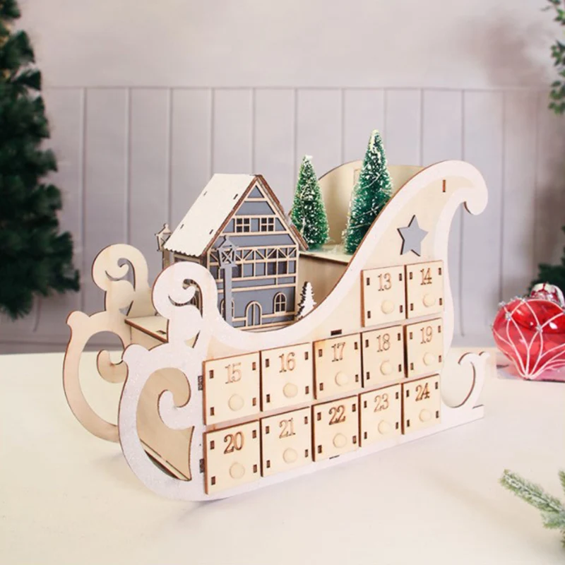 

Tree House Sleigh Wooden Advent Calendar Countdown Christmas Party Decor 24 Drawers with LED Light Ornament