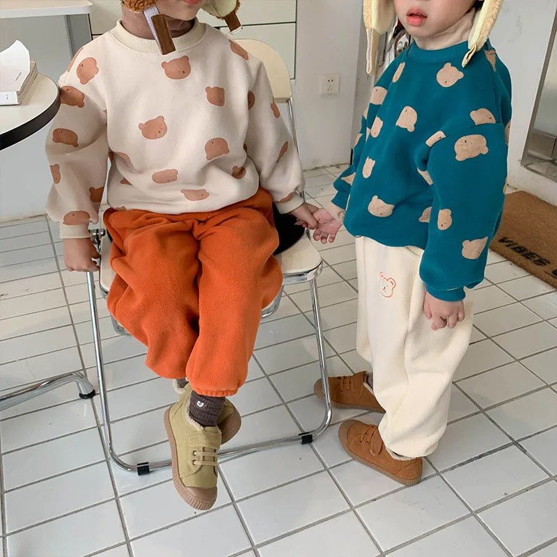 

Новинка 2021, осенне-зимняя одежда для маленьких девочек с мультяшным медведем, флисовые детские повседневные толстовки, Детские Теплые Топы,...