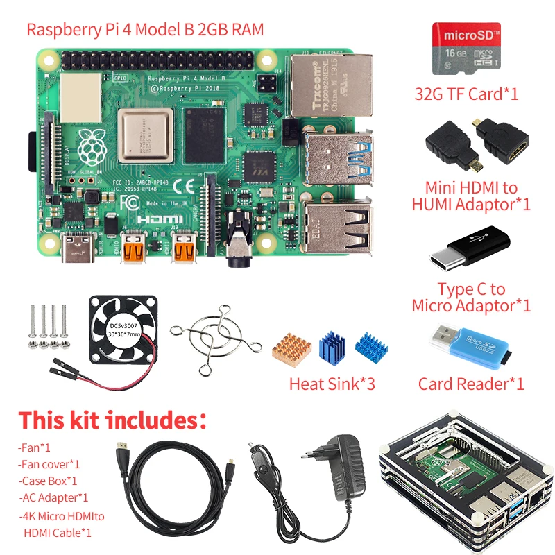 Оригинальный Bluetooth для Raspberry Pi Модель B PI 4B 2 ГБ/4 ГБ: плата + радиатор кардридер