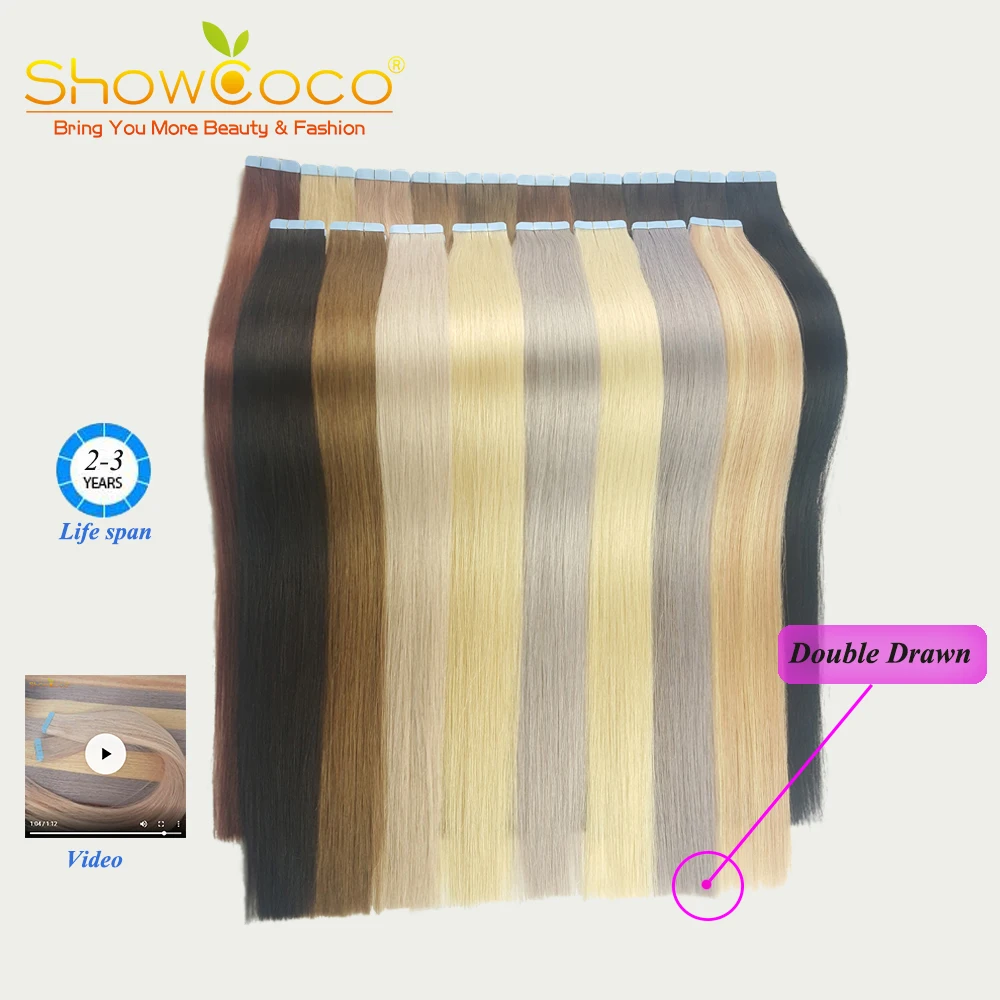 ShowCoco Double Drawn Tape In Hair Extensions Human Hair Premium Luxury Virgin Remy Hair Invisible Fashion Tape Ins