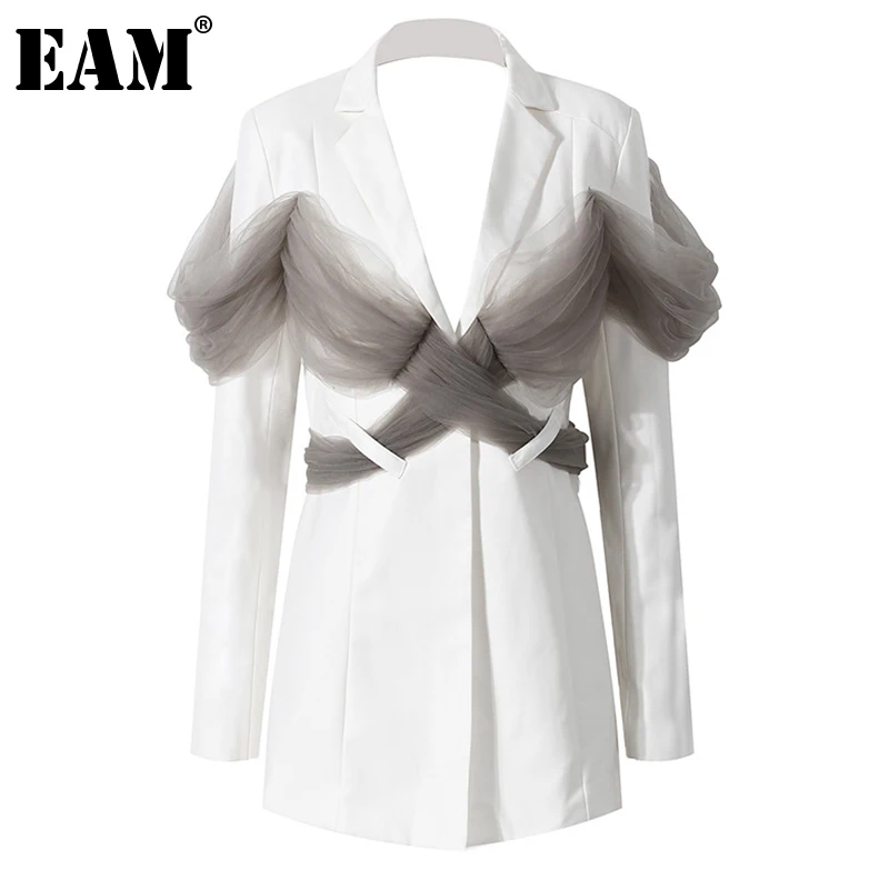 

[EAM] Women Black Mesh Cross Backless Blazer New Lapel Long Sleeve Loose Fit Jacket Fashion Tide Spring Autumn 2022 1DE0955