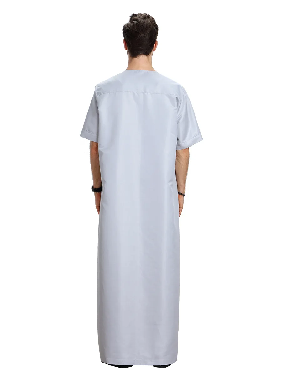 Summer Muslim Arab Clothing Men Jubba Thobe Short Sleeve Button Casual Robe Dubai Middle East Male Islamic Muslim Kaftan Robe