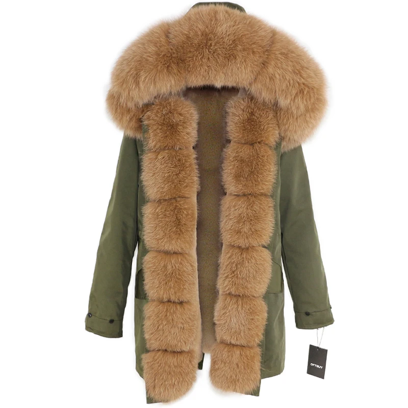 green camel Женское пальто с натуральным мехом OFTBUY, чёрная куртка с воротником из натурального лисьего меха, водонепроницаемая длинная парка, теплая уличная верхняя одежда со съемным мехом для зимы - Цвет: green camel