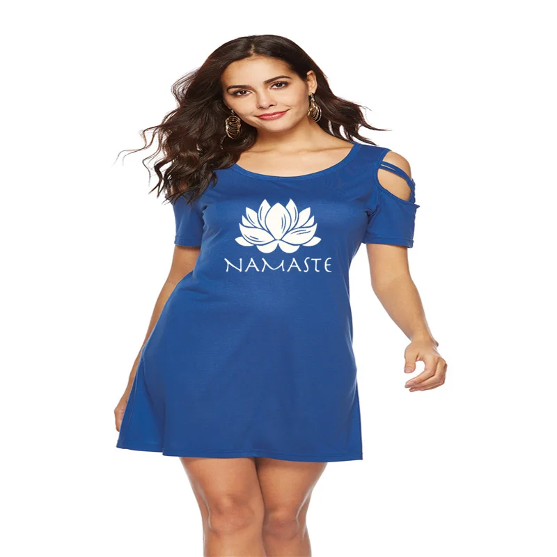 

Fashion Women clothing Namaste Print Dress Women Top Short Sleeve Female tops clothing Irregular Skew Cross Bandage Dresses