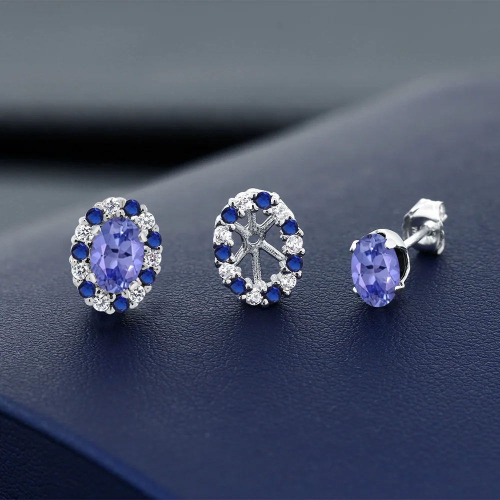 GemStoneKing1.26 Ct ОВАЛЬНЫЙ натуральный синий Танзанит Твердые 925 пробы серебряные серьги гвоздики с куртками для женщин ювелирные украшения