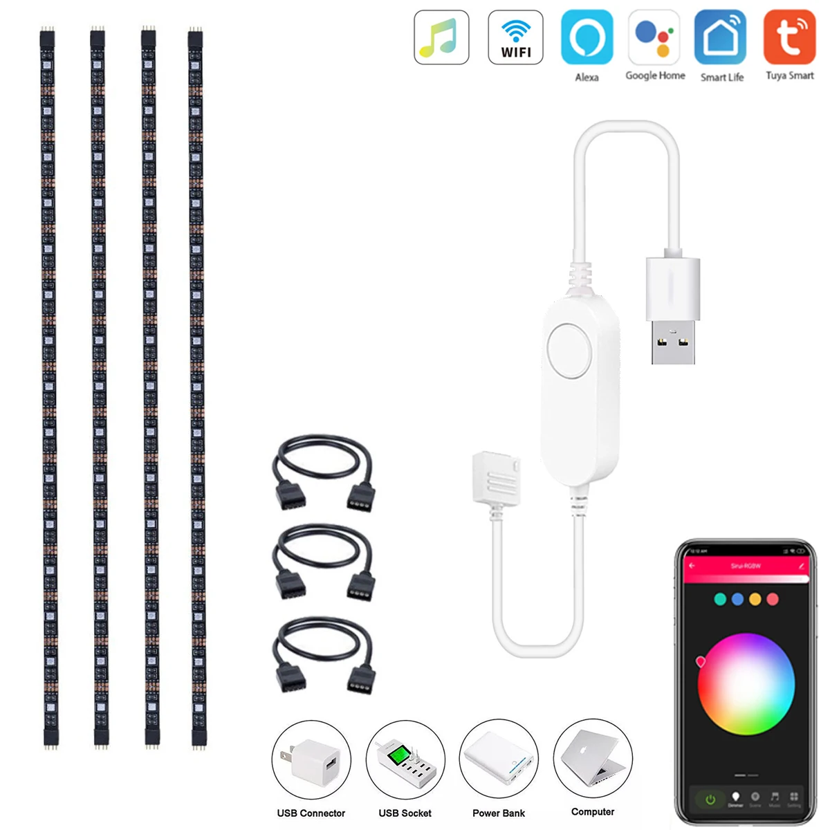 

5V Wifi USB Led Light RGB Ip65 Waterproof SMD 5050 Flexible Strip Light Tuya Smart TV Back Lighting Work With Alexa Google Home