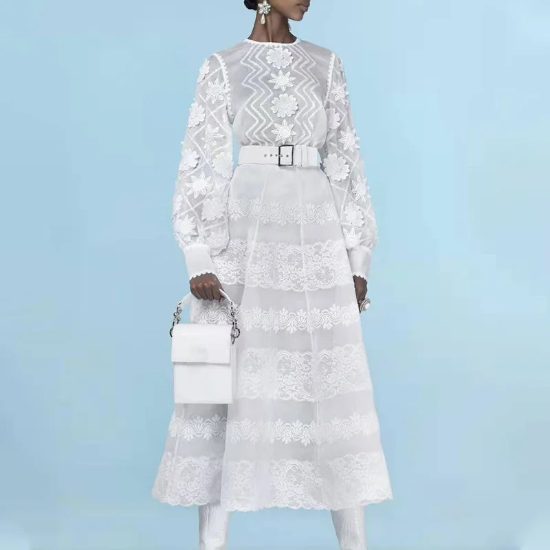 Женское длинное кружевное платье Прозрачное с круглым вырезом и рукавами