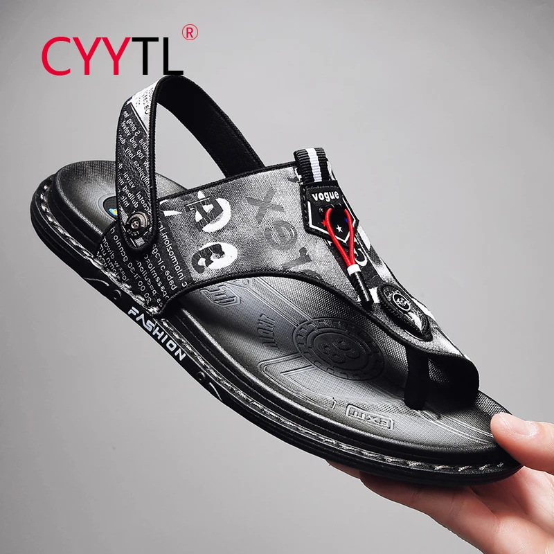 

CYYTL Men's Leather Sandals Comfort Sport Flip Flops Soft Outdoor Beach Slippers Printed Csual Summer Flat Shoe Sandalias Hombre