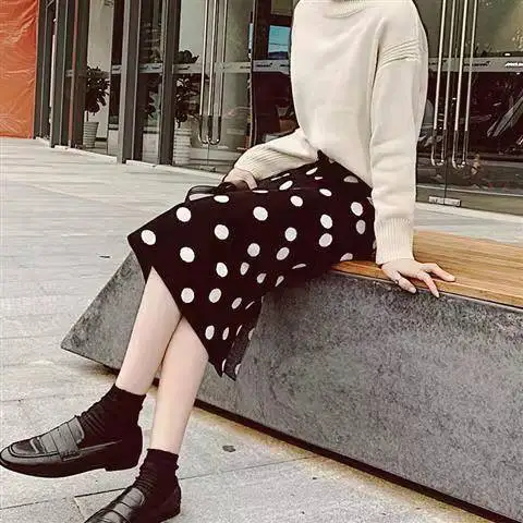 

Women Winter Elastic Split Knitted Skirts Vintage Dot Female Straight Skirt Casual Street Lady Warm Midi Skirts Bottoms